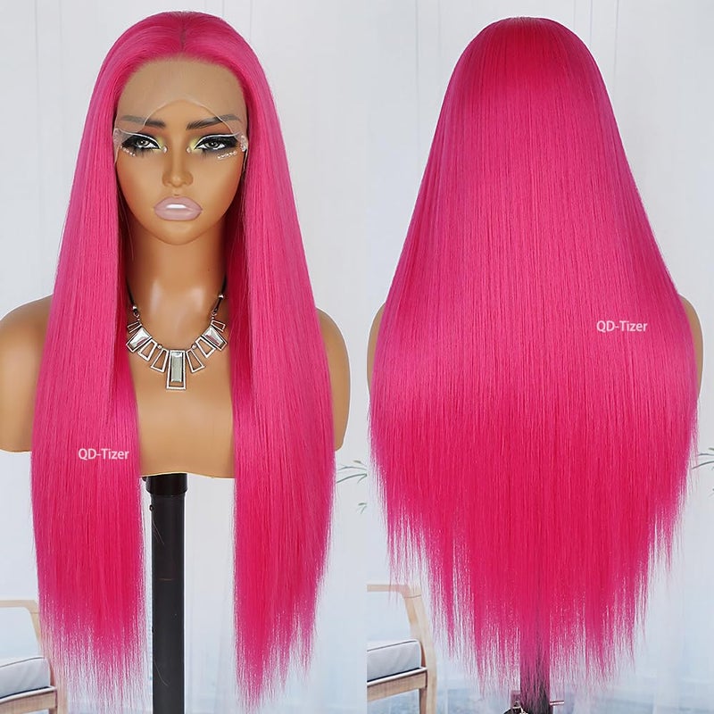 QD-Tizer Hot Pink Wig Long Straight Hair Red Pink Color 13x4 Synthetic Lace Front Wigs Natural Hair Line Wigs for Fashion Women Heat Resistant Synthetic Hair Wigs - Image 3