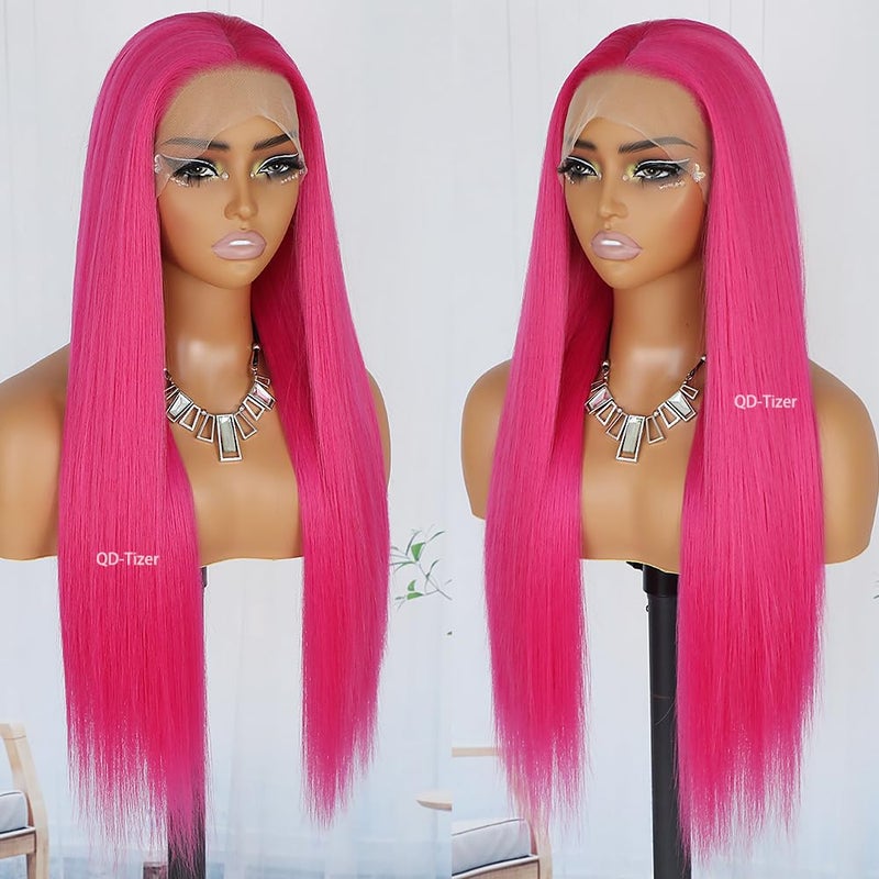 QD-Tizer Hot Pink Wig Long Straight Hair Red Pink Color 13x4 Synthetic Lace Front Wigs Natural Hair Line Wigs for Fashion Women Heat Resistant Synthetic Hair Wigs - Image 2
