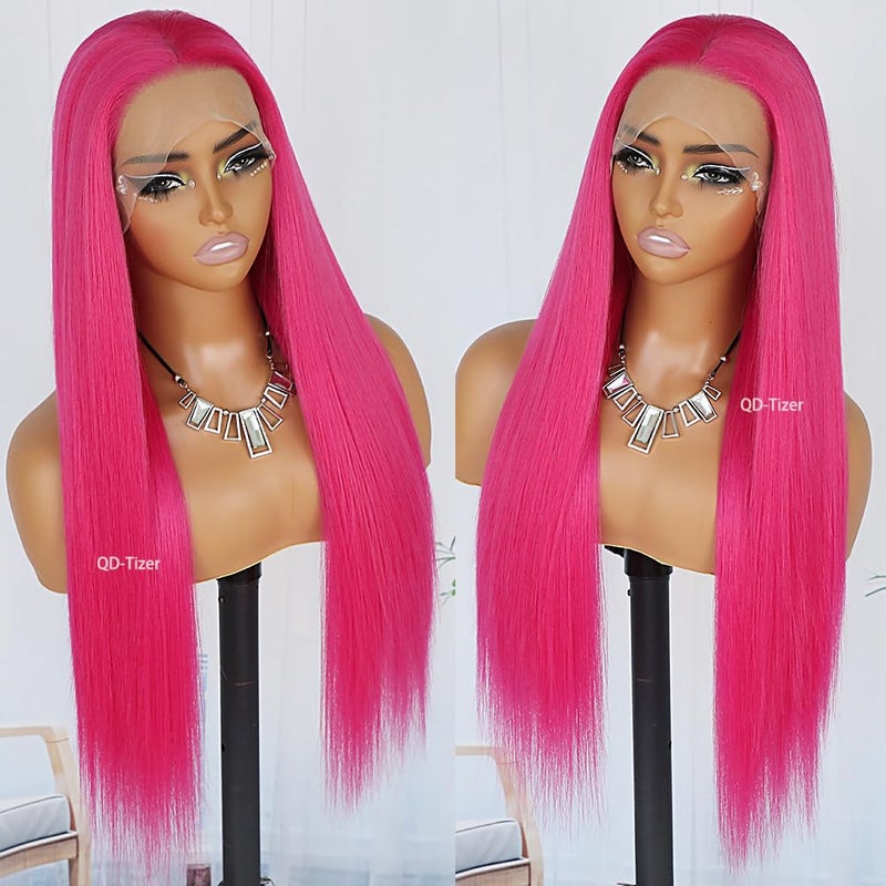 QD-Tizer Hot Pink Wig Long Straight Hair Red Pink Color 13x4 Synthetic Lace Front Wigs Natural Hair Line Wigs for Fashion Women Heat Resistant Synthetic Hair Wigs - Image 4