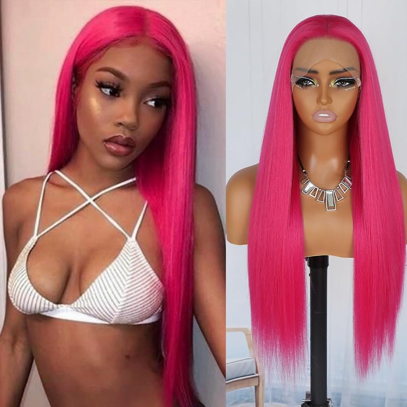 QD-Tizer Hot Pink Wig Long Straight Hair Red Pink Color 13x4 Synthetic Lace Front Wigs Natural Hair Line Wigs for Fashion Women Heat Resistant Synthetic Hair Wigs - Image 1