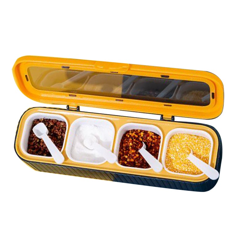 Seasoning Storage Box Sealed 4 Compartment Spice Container Set Household Storage Container Condiment Jars with Spoon Blue - Image 2