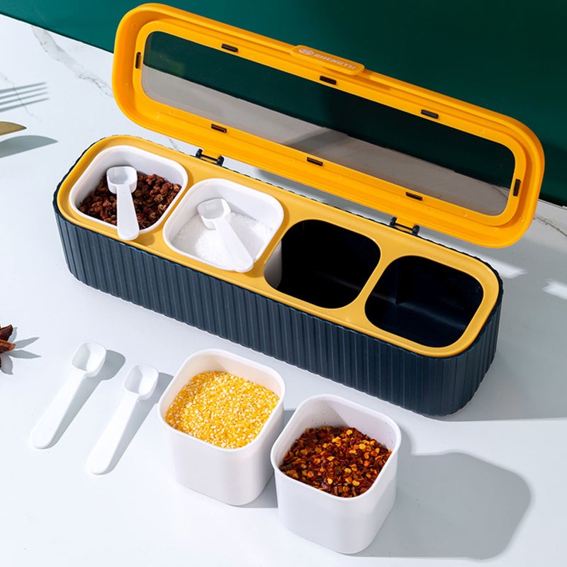 Seasoning Storage Box Sealed 4 Compartment Spice Container Set Household Storage Container Condiment Jars with Spoon Blue - Image 1