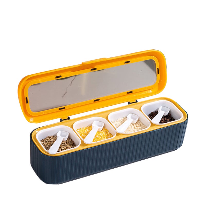Seasoning Storage Box Sealed 4 Compartment Spice Container Set Household Storage Container Condiment Jars with Spoon Blue - Image 3