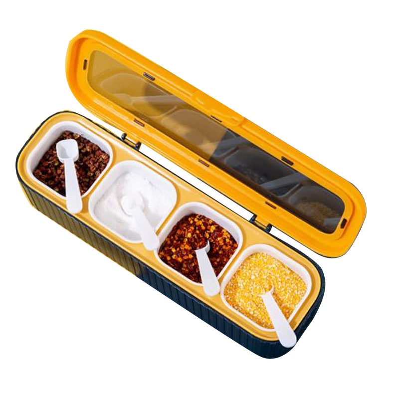 Seasoning Storage Box Sealed 4 Compartment Spice Container Set Household Storage Container Condiment Jars with Spoon Blue - Image 5