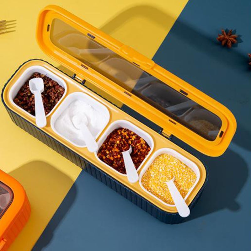 Seasoning Storage Box Sealed 4 Compartment Spice Container Set Household Storage Container Condiment Jars with Spoon Blue - Image 4