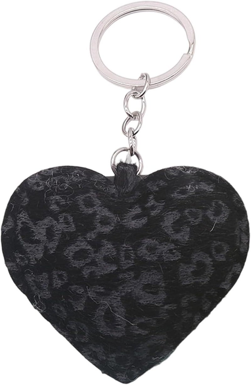 Leopard Print Heart Shape Keychain Black PU Leather Keyring With Single Loop B Metal Hook For Fashion Lifestyle - Image 1