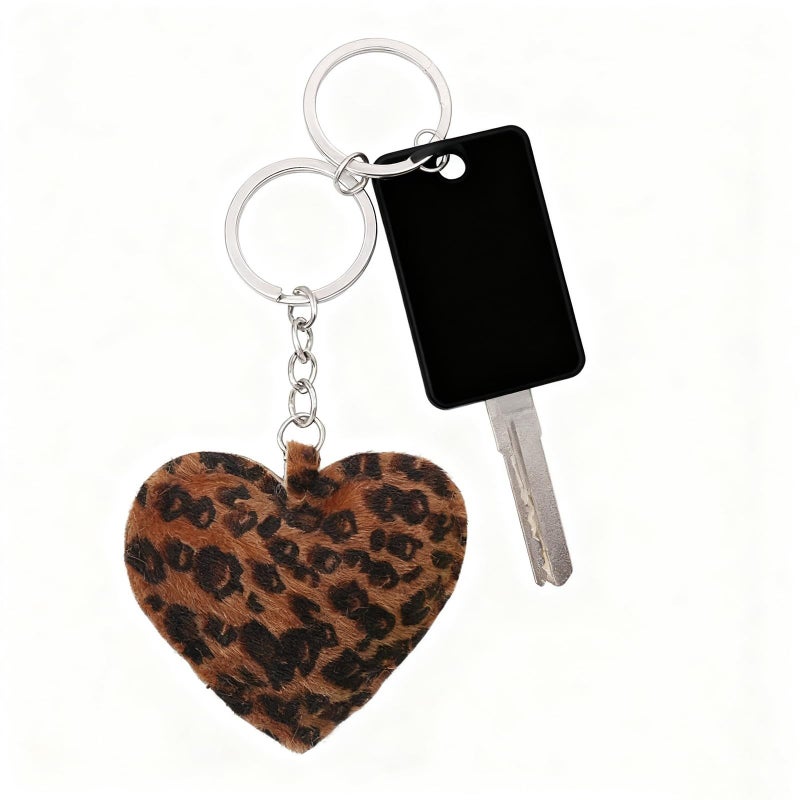 Leopard Print Heart Shape Keychain Black PU Leather Keyring With Single Loop B Metal Hook For Fashion Lifestyle - Image 4