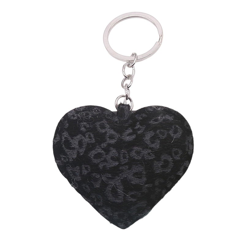 Leopard Print Heart Shape Keychain Black PU Leather Keyring With Single Loop B Metal Hook For Fashion Lifestyle - Image 2