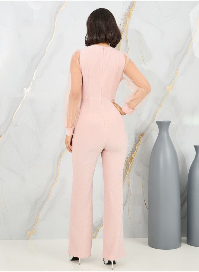 Styli - Sheer Long Sleeves Shimmer Knit Straight Leg Jumpsuit - Image 1