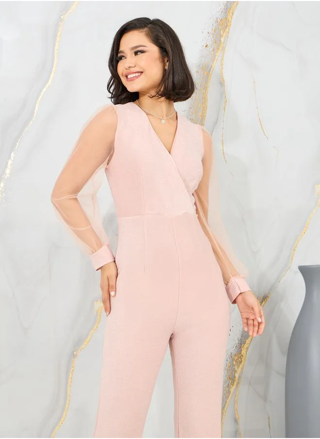 Styli Sheer Long Sleeves Shimmer Knit Straight Leg Jumpsuit
