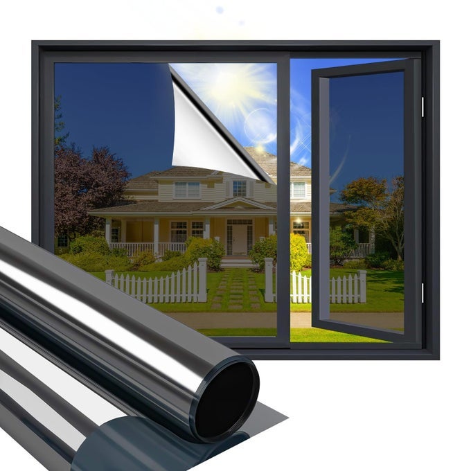 ONE WAY WINDOW FILM PRIVACY MIRROR EFFECT SELFADHESIVE WINDOW TINT UV HEAT CONTROL GLASS DOOR FILM FOR HOME AND OFFICE BLACKSILVER 236 X 118 INCHES