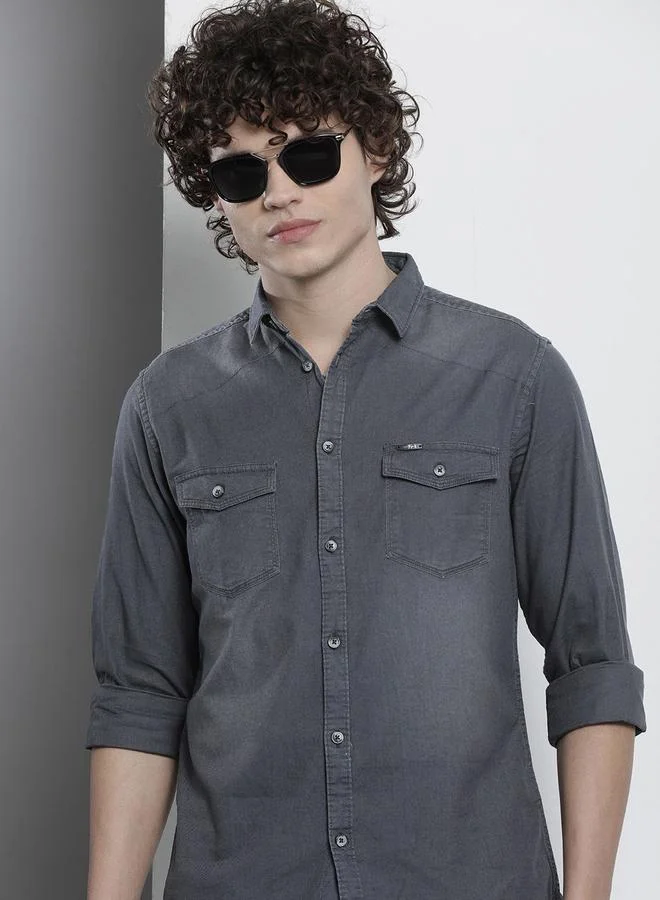 The Indian Garage Co Men Grey Slim Fit Solid Shirt