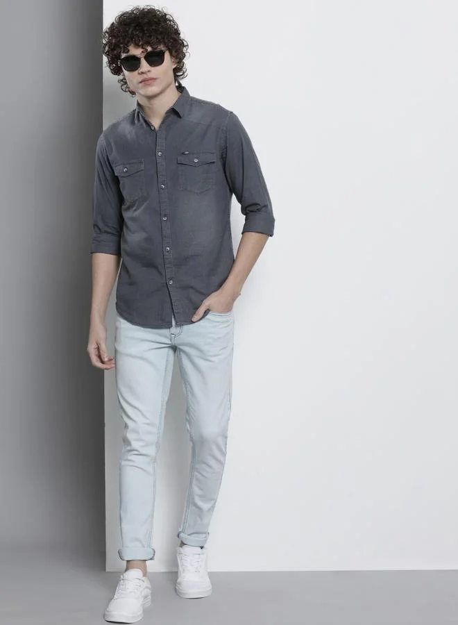 The Indian Garage Co Men Grey Slim Fit Solid Shirt