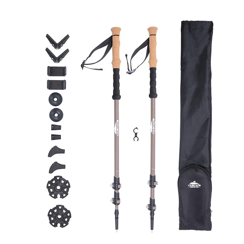 Cascade Mountain Tech Trekking Poles 2 Piece Carbon Fiber Monopod Walking or Hiking Sticks with with Accessories Mount Adjustable Quick Locks Set of 2 Brown