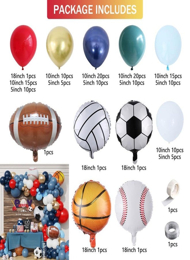 بالونار طقم قوس بالونات لحفلات أعياد الميلاد بطابع رياضي باللون الأزرق الترابي، يحتوي على 149 بالونًا لكرة القدم والكرة الطائرة وكرة القدم والبيسبول وكرة السلة، لتزيين حفلات أعياد الميلاد ذات الطابع الرياضي (ملون). - Image 2