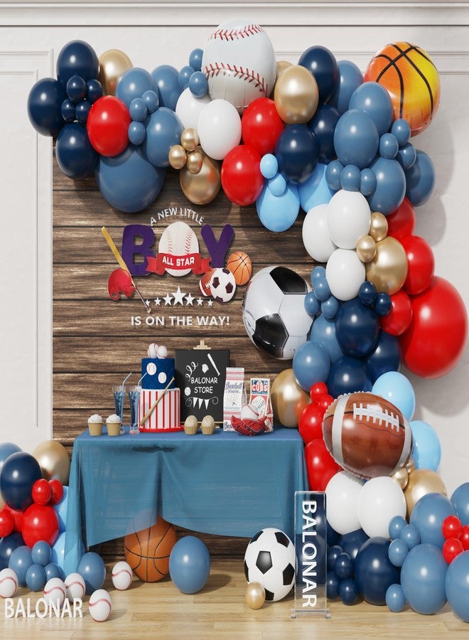بالونار طقم قوس بالونات لحفلات أعياد الميلاد بطابع رياضي باللون الأزرق الترابي، يحتوي على 149 بالونًا لكرة القدم والكرة الطائرة وكرة القدم والبيسبول وكرة السلة، لتزيين حفلات أعياد الميلاد ذات الطابع الرياضي (ملون). - Image 1
