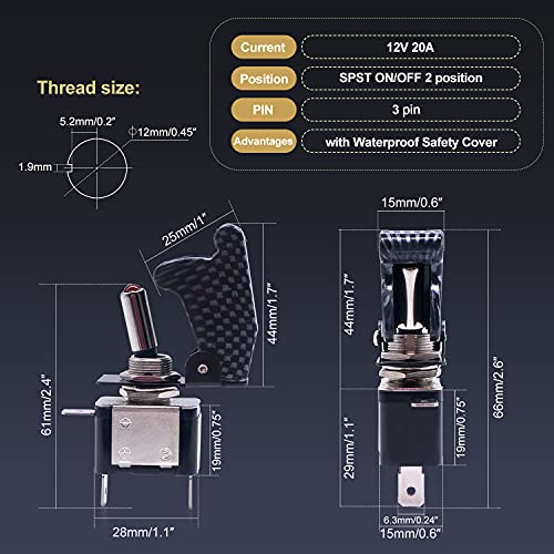 Twidec/3Pcs Rocker Toggle Switch 12V 20A Heavy Duty Racing Car Automotive Auto SPST ON/Off Toggle Switch Red LED Light Illuminated 3Pin with Charcoal Grey Waterproof Safety Cover ASW-07DRGYMZ - Image 4