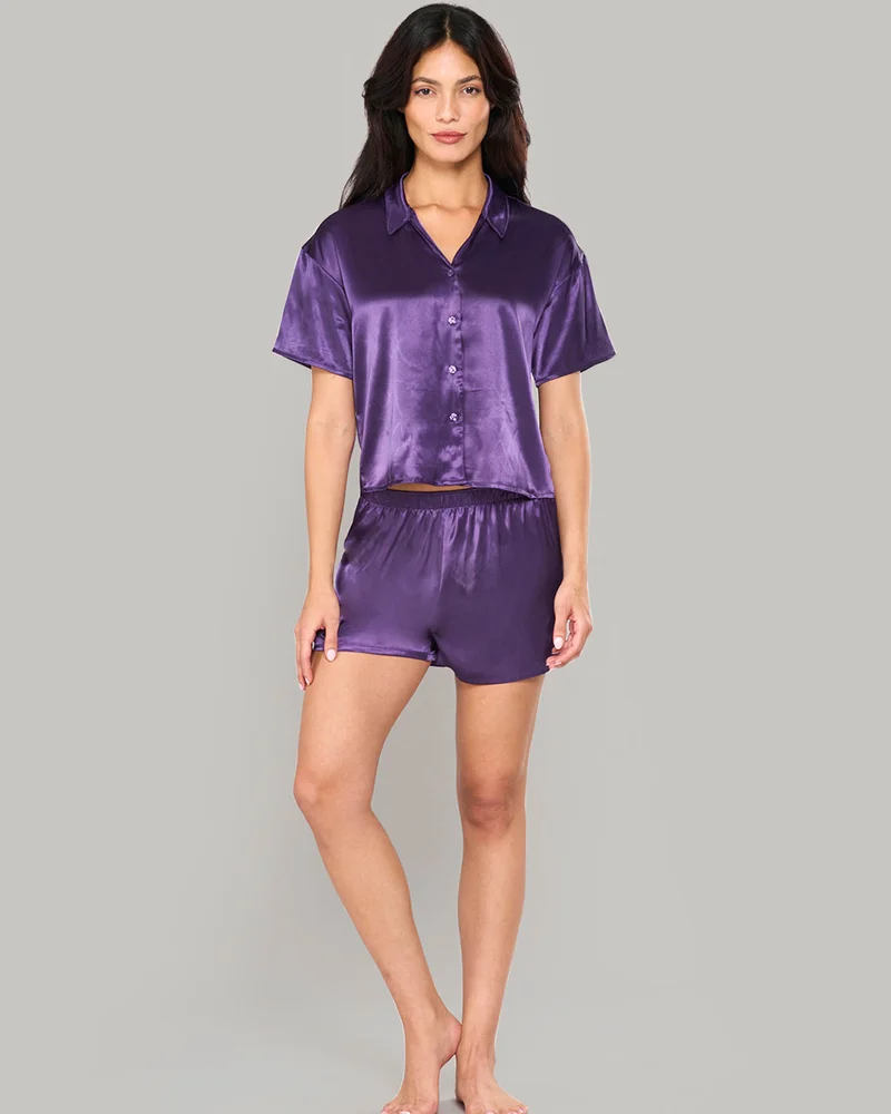 La Senza La Senza Sleep Purple Satin Top & Short Set With Piping