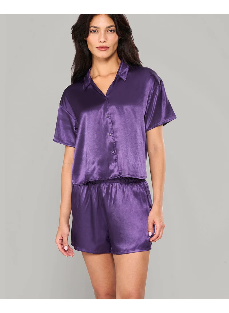 La Senza La Senza Sleep Purple Satin Top & Short Set With Piping
