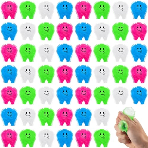 Silipull 50 Pcs Mini Tooth Toys Fidget Stress Relief Puffer Squeezy Dental Dentist Toys Birthday Party Gifts School Office Prizes 2 Inch Multicolored - Image 1