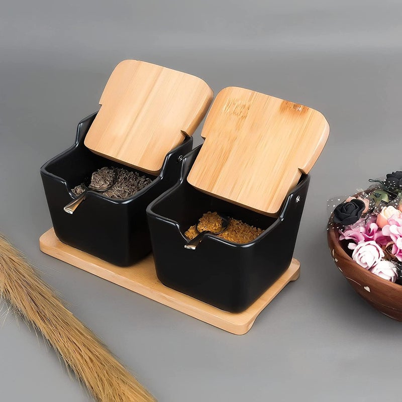 LESIGE Ceramic Condiment Pot with Wood Tray 2 Pcs Black Porcelain Spice Jars with Spoons and Bamboo Lids Perfect for Sugar Salt Pepper Black - Image 2