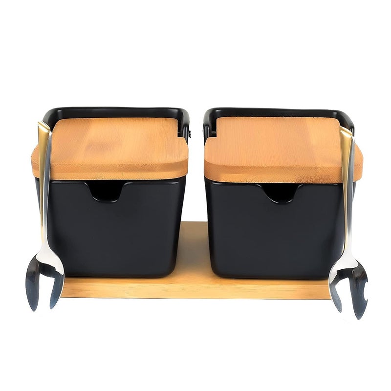 LESIGE Ceramic Condiment Pot with Wood Tray 2 Pcs Black Porcelain Spice Jars with Spoons and Bamboo Lids Perfect for Sugar Salt Pepper Black - Image 1