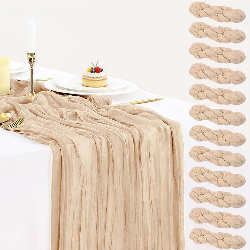 BLUETOP 12 Pack Champagne Cheesecloth Table Runner 35x120 Inches, New Year Cheese Cloth Table Runner 10FT Boho Sheer Gauze Runner for Bridal Shower Wedding Baby Shower Party Decor - Image 1