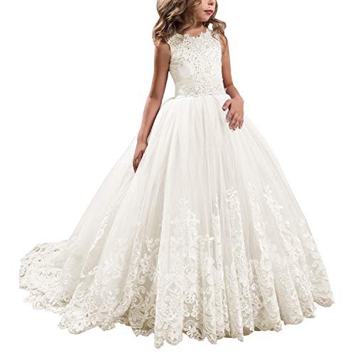 WDE Princess Ivory Long Girls Pageant Dresses Kids Prom Puffy Tulle Ball Gown US 8 - Image 1