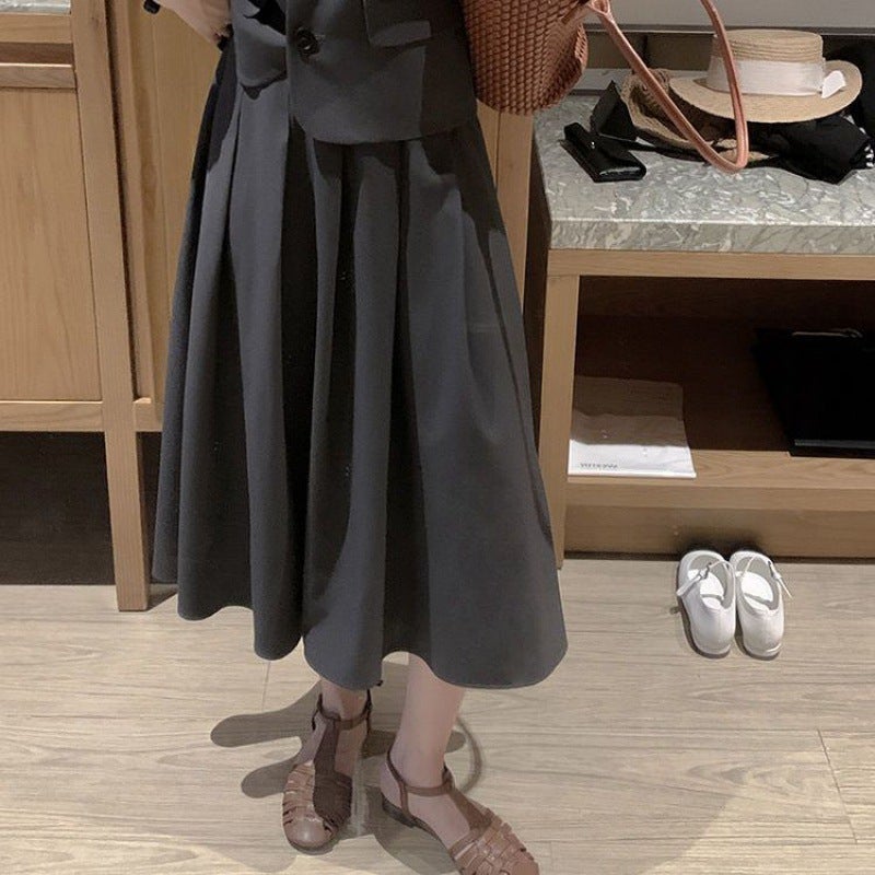 Korean Style Short-Sleeved Suit Skirt for Women, Summer Style Retro Short Top and Half-Length Skirt Two-Piece Set Gray skirt [single piece]