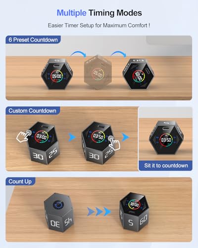 Ticktime Pomodoro Timer Cube, Hexagon Productivity Timer, Pause & Resume, Silent, Vibrate & Adjustable Sound Alert, for ADHD, Task, Work, Study, 5/15/25/30/45/60min & Custom Countdown,Gray - Image 5
