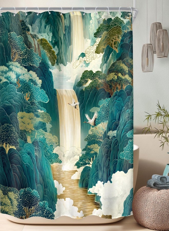 لايتن هوم ستارة حمام LIGHTINHOME بتصميم شلال ياباني، 60 بوصة عرض × 72 بوصة ارتفاع، بنمط جمالي صيني آسيوي، بتصميم تجريدي جبلي شرقي طبيعي، مصنوعة من قماش بوليستر مقاوم للماء، طقم ديكور منزلي للحمام مع خطافات. - Image 1
