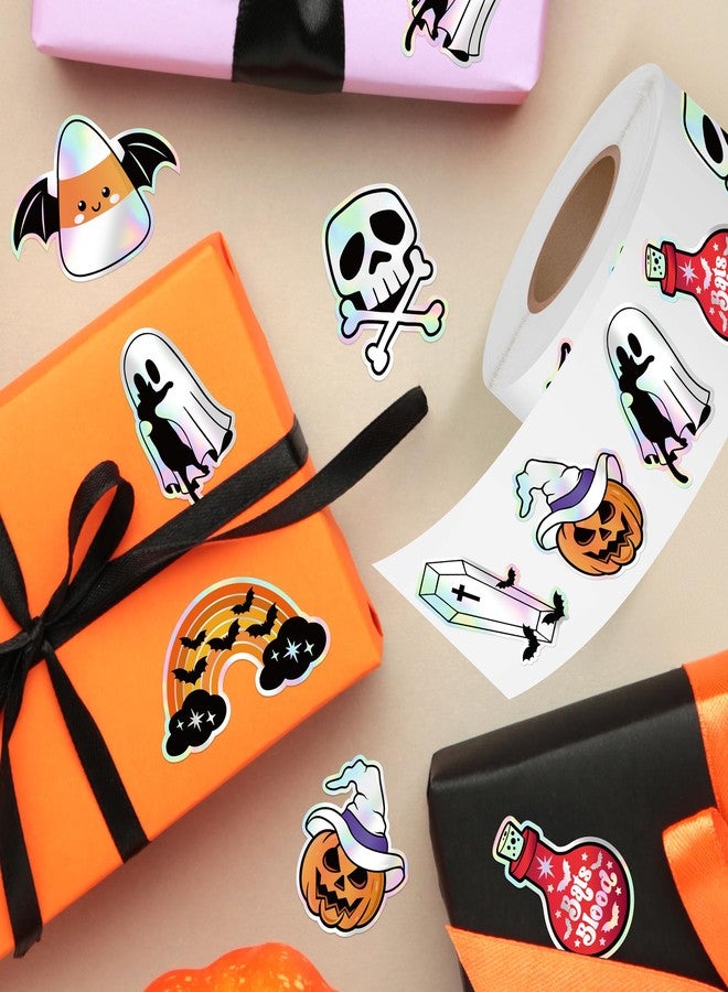 Kirako 500Pcs Holographic Halloween Stickers Roll - Laser Cute Ghost Pumpkin Self-Adhesive Labels Iridescent Decals for Trick or Treat Bags Party Favors Envelope Seals Scrapbook Journal DIY Crafts, 8 Designs - Image 4