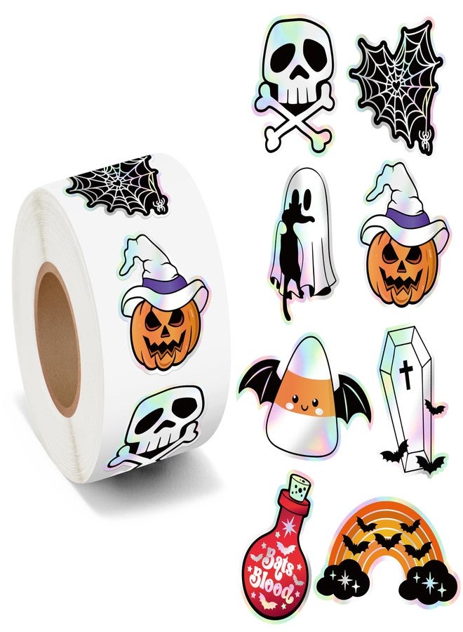 Kirako 500Pcs Holographic Halloween Stickers Roll - Laser Cute Ghost Pumpkin Self-Adhesive Labels Iridescent Decals for Trick or Treat Bags Party Favors Envelope Seals Scrapbook Journal DIY Crafts, 8 Designs - Image 1