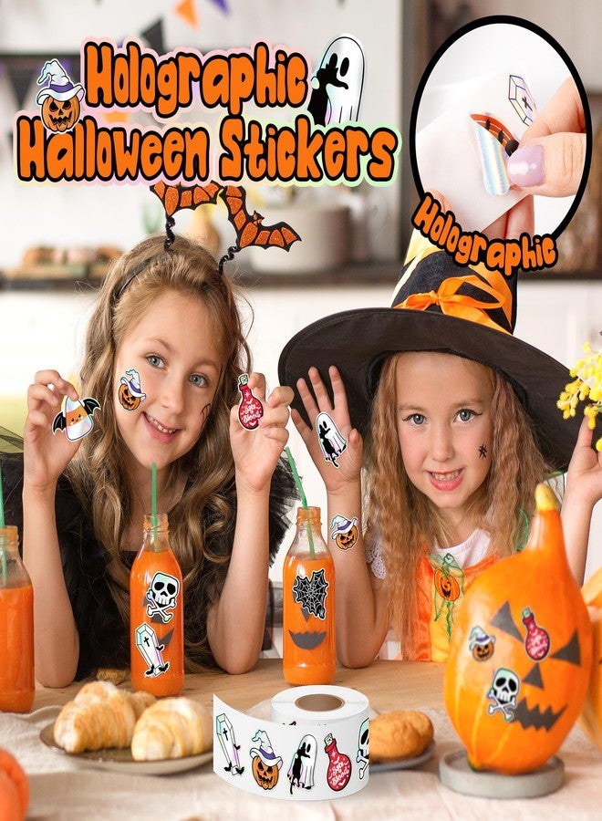 Kirako 500Pcs Holographic Halloween Stickers Roll - Laser Cute Ghost Pumpkin Self-Adhesive Labels Iridescent Decals for Trick or Treat Bags Party Favors Envelope Seals Scrapbook Journal DIY Crafts, 8 Designs - Image 3