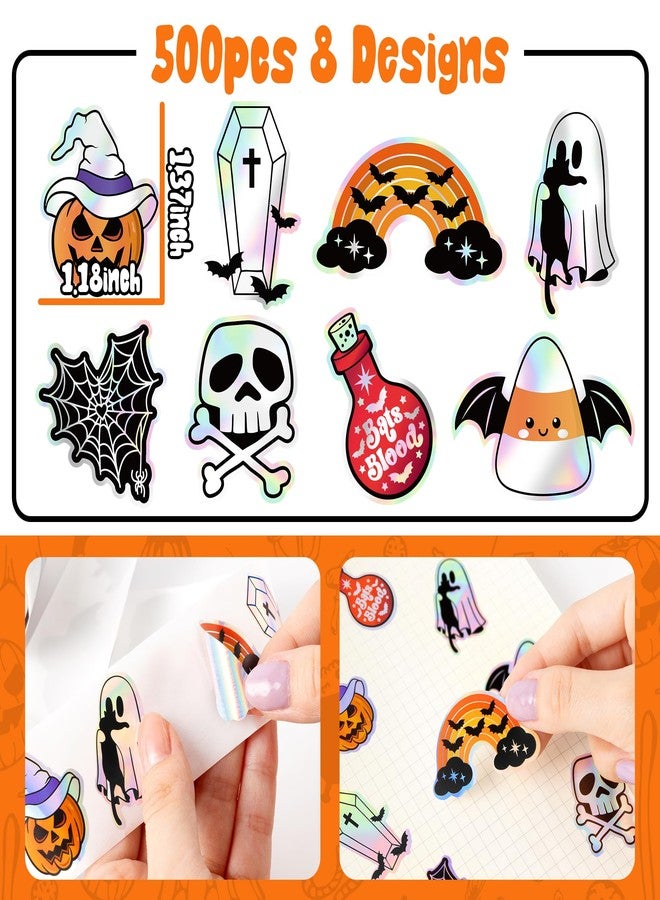 Kirako 500Pcs Holographic Halloween Stickers Roll - Laser Cute Ghost Pumpkin Self-Adhesive Labels Iridescent Decals for Trick or Treat Bags Party Favors Envelope Seals Scrapbook Journal DIY Crafts, 8 Designs - Image 2