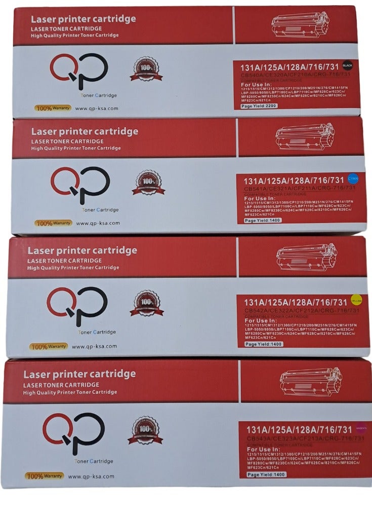 كيو بيه مجموعة حبر متوافقة 131A للاستخدام في طابعات الليزر HP وCanon 731.pro 200 1215 /125A/128A/131A-CB540A/541/542/543-CE320A/321/322/323/CF210/211/212/213- CP1215/1515/PRO 200/M251/276/- LBP 5050 - Image 1