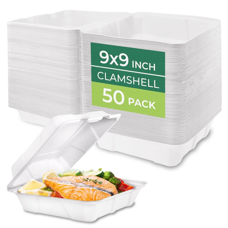 Freshware Compostable 9x9" Clamshell Take Out Food Containers [50-Pack] - Biodegradable Sugarcane To Go Boxes - Paper Food Container - Microwave & Freezer Safe, Stackable - Image 1