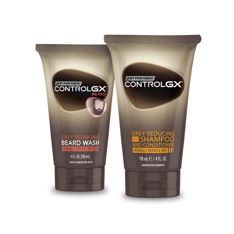 Just For Men مجموعة Just for Men Control GX، شامبو وبلسم 2 في 1 لتقليل الشعر الرمادي وغسل الشارب واللحية، يلون الشعر الرمادي تدريجياً، زجاجات سعة 4 أونصات - Image 1
