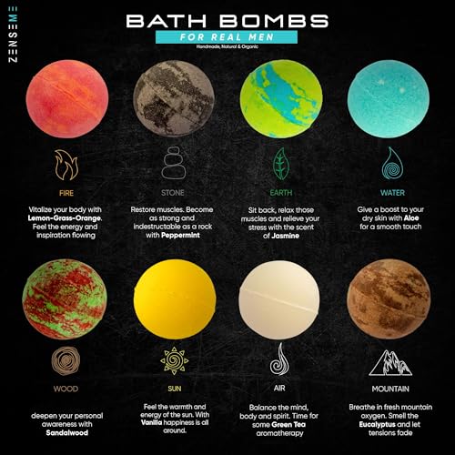 ZenseMe Bath Bombs for Men, Gift Set of 8 Scented Organic Handmade Bath Bombs of 2.5 oz with Natural Essential Oils for Boyfriend, Husband, Father or Friend, by ZenseMe - Image 2
