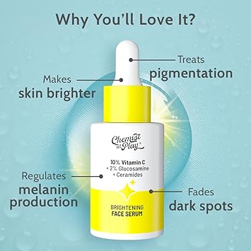 Chemist At Play 10 Vitamin C Face Serum Brightens Gives Glow Fades Dark Spots Treats Hyperpigmentation Balances Melanin Production Ethyl Ascorbic Acid Glucosamine For All Skin Types 30ml - Image 2