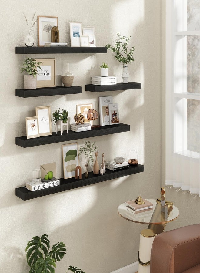 FLYJOE 36 Inch Floating Shelves | 6.5 Inch Deep Black Floating Shelves Set of 2 | 36" W x 6.5" D Rustic Black Wood Wall Shelves with Invisible Brackets for Bathroom Living Room Bedroom - Image 2