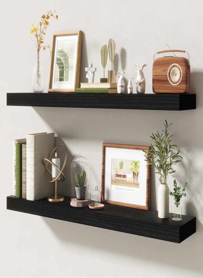 FLYJOE 36 Inch Floating Shelves | 6.5 Inch Deep Black Floating Shelves Set of 2 | 36" W x 6.5" D Rustic Black Wood Wall Shelves with Invisible Brackets for Bathroom Living Room Bedroom - Image 1