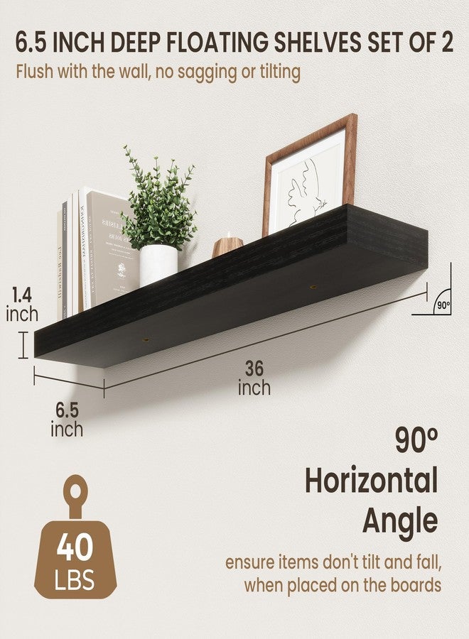 FLYJOE 36 Inch Floating Shelves | 6.5 Inch Deep Black Floating Shelves Set of 2 | 36" W x 6.5" D Rustic Black Wood Wall Shelves with Invisible Brackets for Bathroom Living Room Bedroom - Image 3