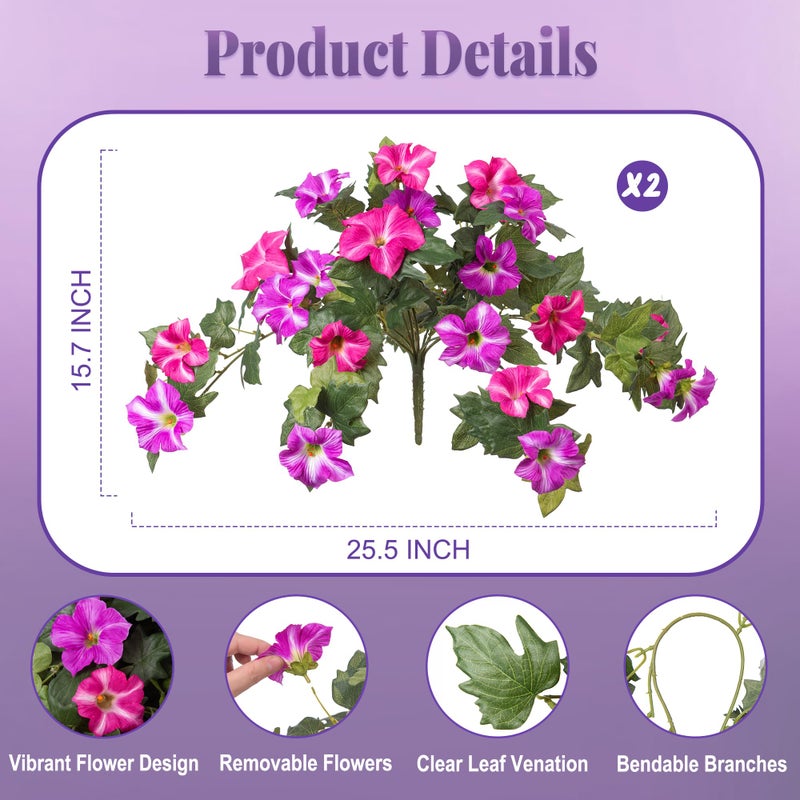 Ammyoo Artificial Fake Flowers Plants for Outdoor Decoration, 2PCS Faux Petunias Silk Flower UV Resistant No Fade Floral for Home Outside Garden Balcony Yard Porch Realistic Indoor Decor (Fuchsia Lotus) - Image 2
