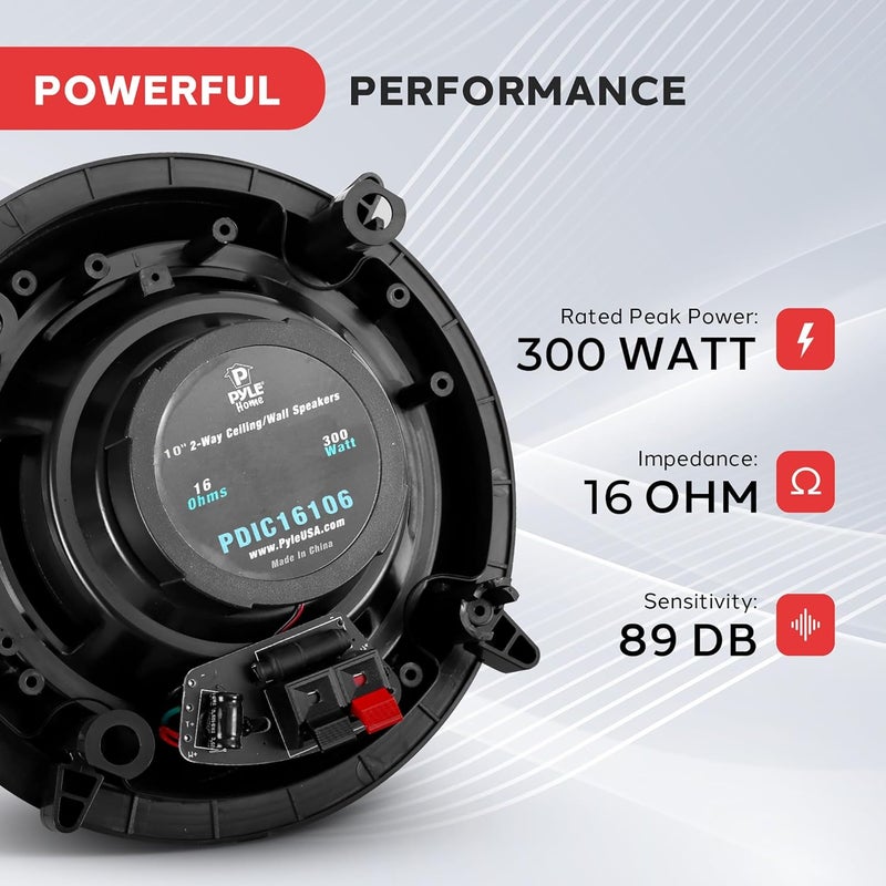 Pyle 10” Ceiling Wall Mount Speakers - Pair of 2-Way Full Range Sound Stereo Speaker Audio System Flush Design w/Electronic Crossover Network 35Hz-20kHz Frequency Response & 250 Watts Peak - PDIC106 - Image 5