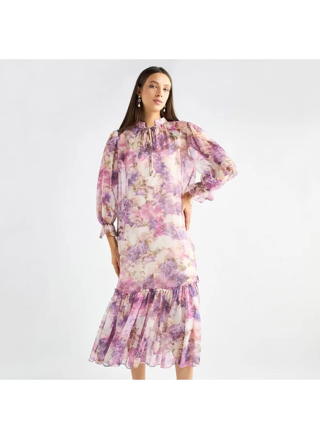 FAV All-Over Floral Print Mandarin Collar Dress with Volume Sleeves and Flounce Hem