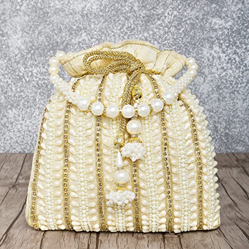 Peora Cream Potli Bags for Women Girls Evening Bag Clutch Ethnic Bride Purse with Drawstring - Image 4