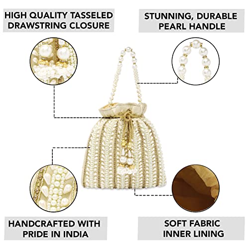 Peora Cream Potli Bags for Women Girls Evening Bag Clutch Ethnic Bride Purse with Drawstring - Image 3