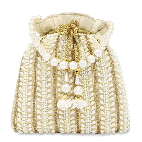 Peora Cream Potli Bags for Women Girls Evening Bag Clutch Ethnic Bride Purse with Drawstring - Image 1