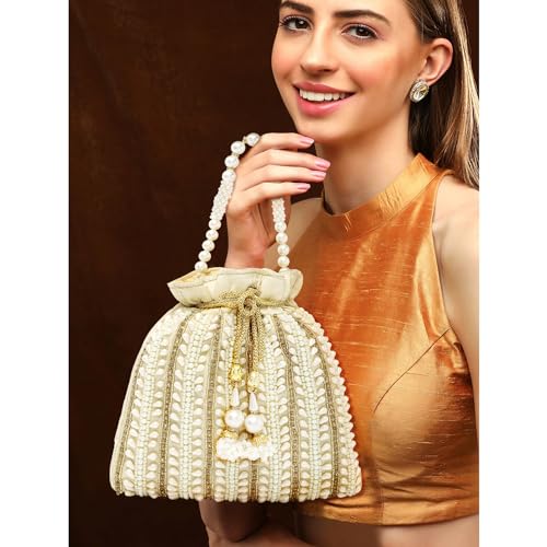 Peora Cream Potli Bags for Women Girls Evening Bag Clutch Ethnic Bride Purse with Drawstring - Image 5